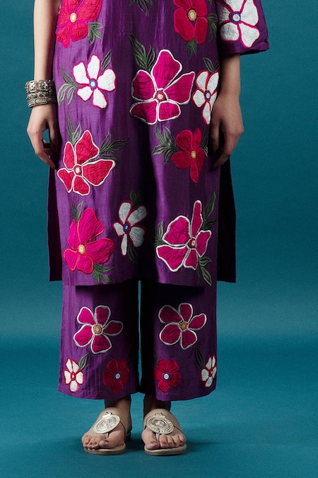 Svastih_Purple Cotton, Silk Applique, Beads, Embroidery Asymmetric Floral Tunic Set _Online_at_Aza_Fashions