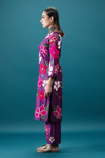 Buy_Svastih_Purple Cotton, Silk Applique, Beads, Embroidery Asymmetric Floral Tunic Set _Online_at_Aza_Fashions