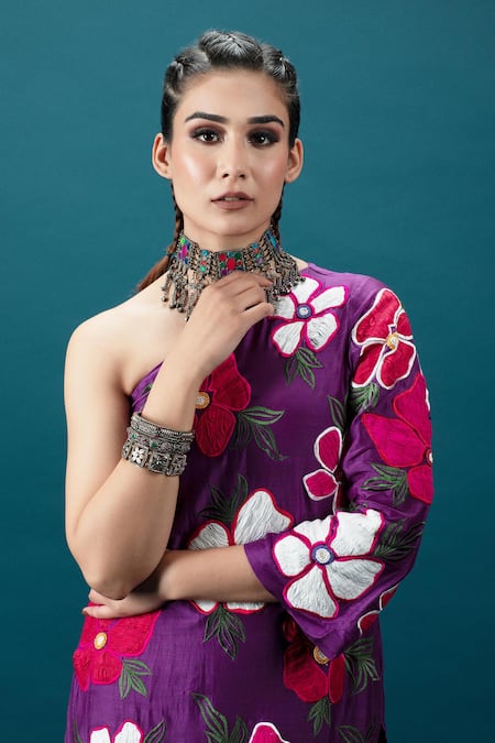 Shop_Svastih_Purple Cotton, Silk Applique, Beads, Embroidery Asymmetric Floral Tunic Set _Online_at_Aza_Fashions