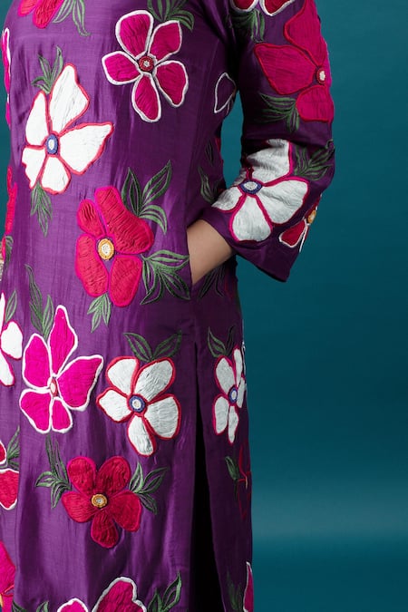 Svastih_Purple Cotton, Silk Applique, Beads, Embroidery Asymmetric Floral Tunic Set _at_Aza_Fashions
