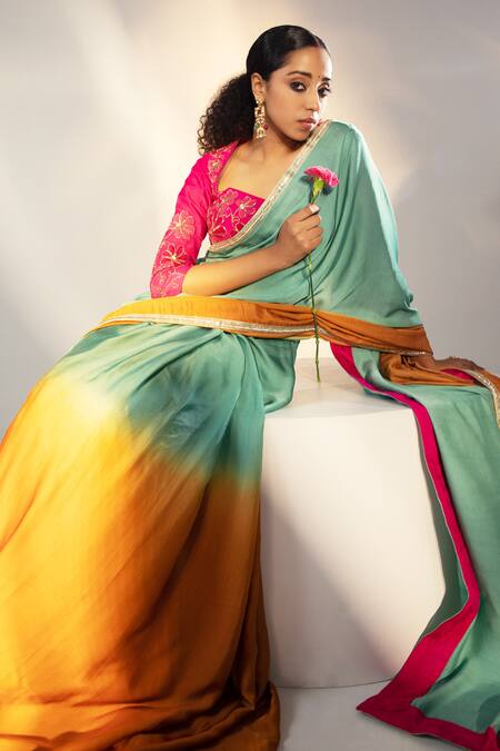 Buy_Svastih_Magenta Saree Modal Satin Embroidery Floral Sweetheart Neck Ombre With Blouse _Online_at_Aza_Fashions