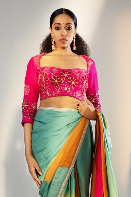 Shop_Svastih_Magenta Saree Modal Satin Embroidery Floral Sweetheart Neck Ombre With Blouse _Online_at_Aza_Fashions