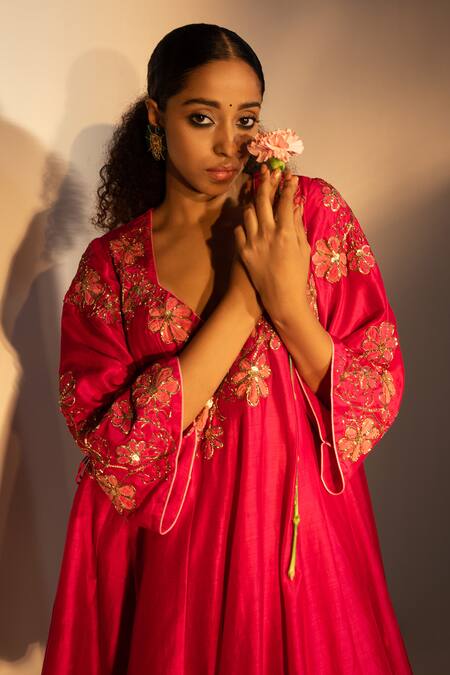 Shop_Svastih_Magenta Cotton, Silk, Chanderi Embroidery Open Neck Floral Anarkali Set _Online_at_Aza_Fashions