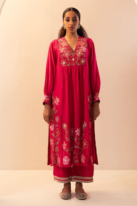 Svastih Floral Embroidered Magenta Kurta Set 