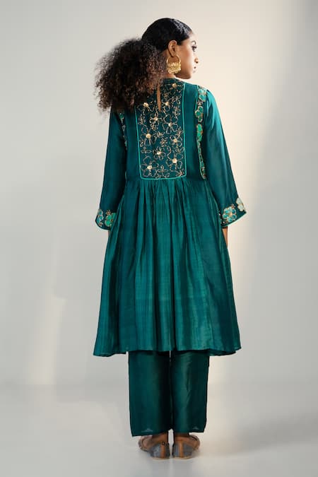 Svastih Teal Floral Embroidered Anarkali & Pant Set 