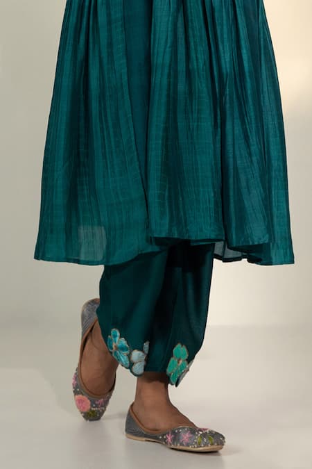 Svastih_Green Cotton, Silk, Chanderi Embroidery Round Teal Floral Anarkali And Pant Set _Online_at_Aza_Fashions
