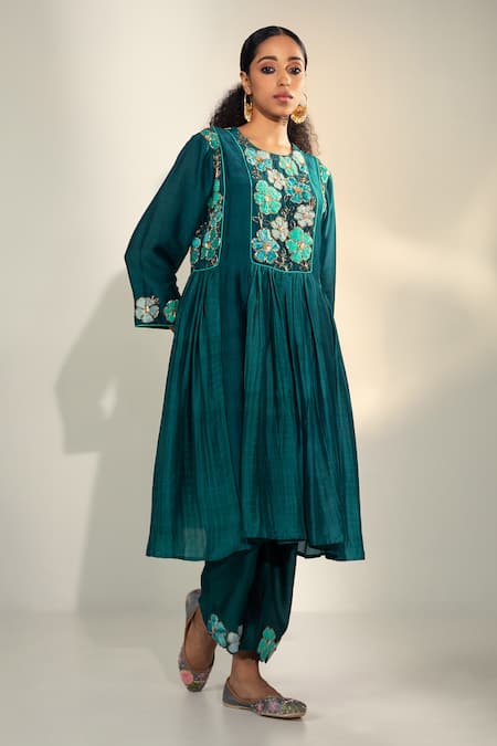 Buy_Svastih_Green Cotton, Silk, Chanderi Embroidery Round Teal Floral Anarkali And Pant Set _Online_at_Aza_Fashions
