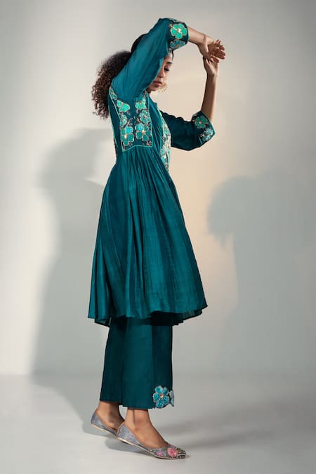 Shop_Svastih_Green Cotton, Silk, Chanderi Embroidery Round Teal Floral Anarkali And Pant Set _Online_at_Aza_Fashions