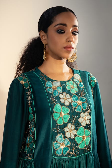 Svastih_Green Cotton, Silk, Chanderi Embroidery Round Teal Floral Anarkali And Pant Set _at_Aza_Fashions