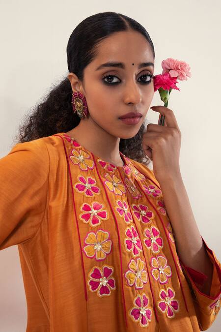 Buy_Svastih_Yellow Cotton, Silk Embroidery Round Neck Floral Anarkali Set _Online_at_Aza_Fashions