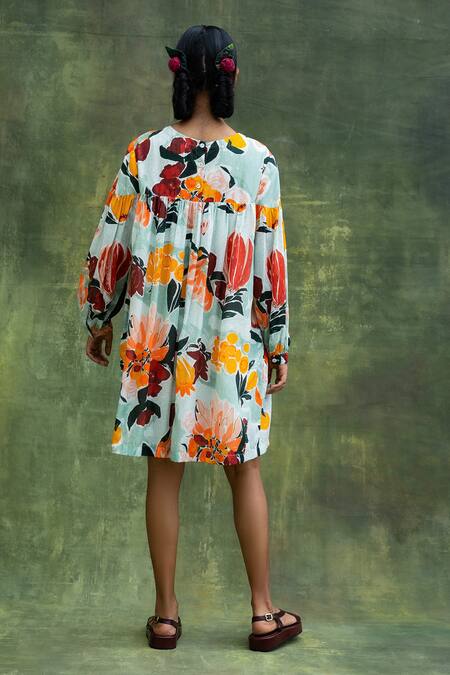 Shop_Doodlage_Green Upcycled Modal Printed Floral Round Gathered Midi Dress _at_Aza_Fashions