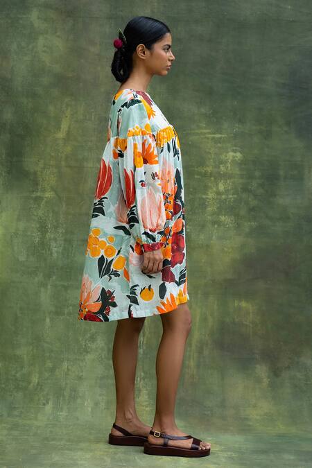 Buy_Doodlage_Green Upcycled Modal Printed Floral Round Gathered Midi Dress _Online_at_Aza_Fashions