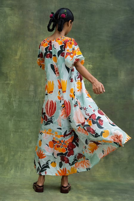 Shop_Doodlage_Green Upcycled Modal Printed Floral Round A-line High-low Dress _at_Aza_Fashions