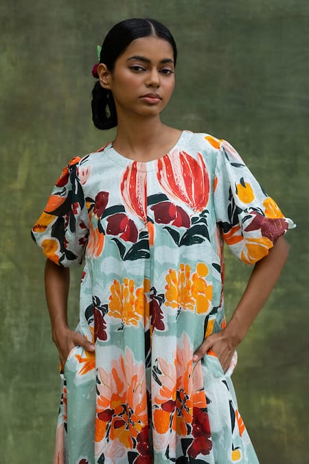 Doodlage_Green Upcycled Modal Printed Floral Round A-line High-low Dress _Online_at_Aza_Fashions