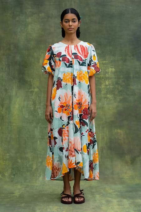 Buy_Doodlage_Green Upcycled Modal Printed Floral Round A-line High-low Dress _Online_at_Aza_Fashions
