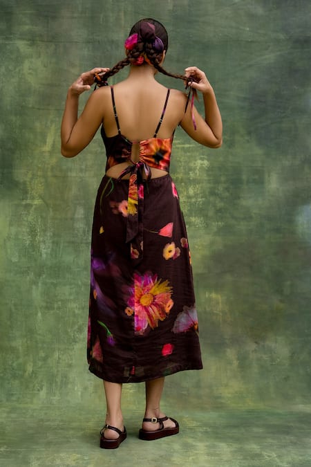 Shop_Doodlage_Brown Upcycled Modal Printed Floral Sweetheart Ruched Midi Dress _at_Aza_Fashions