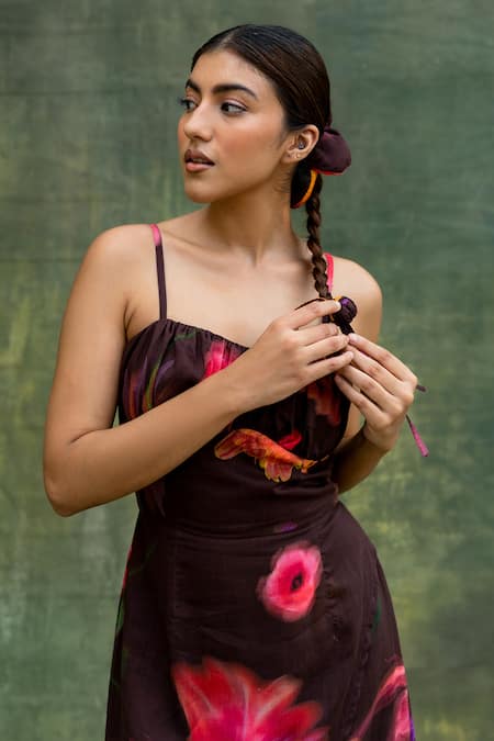 Doodlage_Brown Upcycled Modal Printed Floral Sweetheart Ruched Midi Dress _Online_at_Aza_Fashions