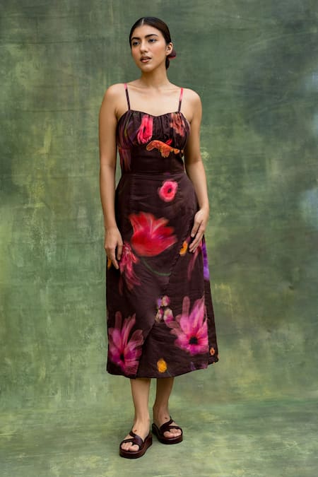 Buy_Doodlage_Brown Upcycled Modal Printed Floral Sweetheart Ruched Midi Dress _Online_at_Aza_Fashions