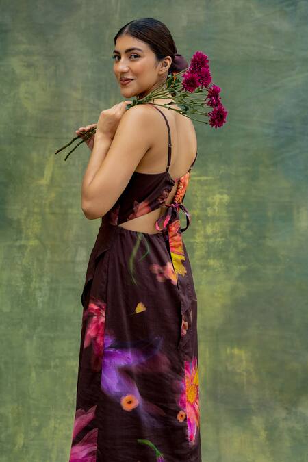 Shop_Doodlage_Brown Upcycled Modal Printed Floral Sweetheart Ruched Midi Dress _Online_at_Aza_Fashions