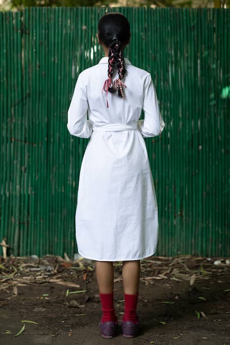 Shop_Doodlage_White Poplin Threadwork Shirt Collar Button Down Wrap Dress _at_Aza_Fashions