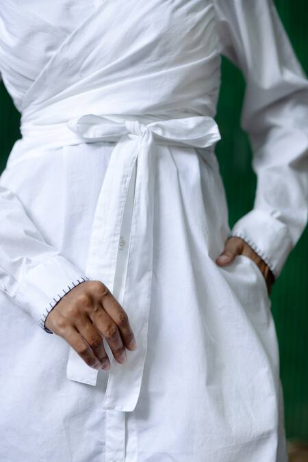 Doodlage_White Poplin Threadwork Shirt Collar Button Down Wrap Dress _Online_at_Aza_Fashions