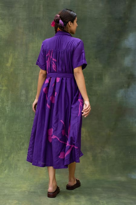 Shop_Doodlage_Purple Cotton Silk Embroidered Floral Shirt Collar Dress _at_Aza_Fashions