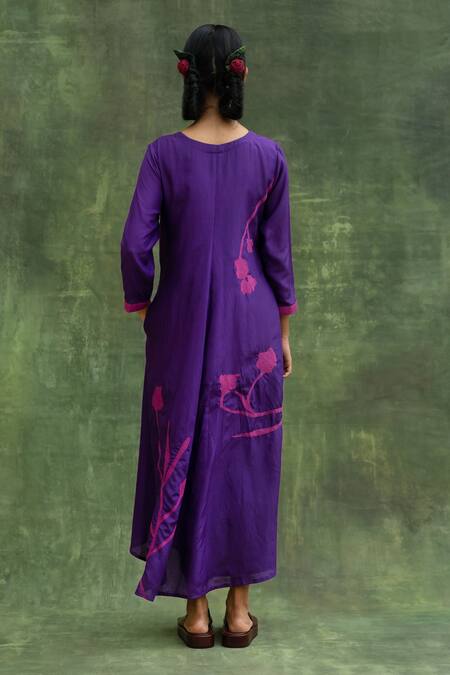 Shop_Doodlage_Purple Cotton Silk Embroidered Floral Round A-line Dress _at_Aza_Fashions