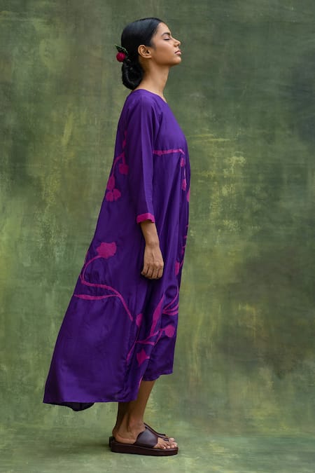 Doodlage_Purple Cotton Silk Embroidered Floral Round A-line Dress _Online_at_Aza_Fashions