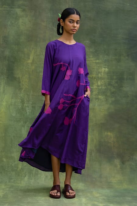 Buy_Doodlage_Purple Cotton Silk Embroidered Floral Round A-line Dress _Online_at_Aza_Fashions