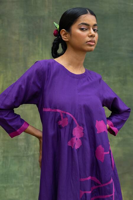Shop_Doodlage_Purple Cotton Silk Embroidered Floral Round A-line Dress _Online_at_Aza_Fashions
