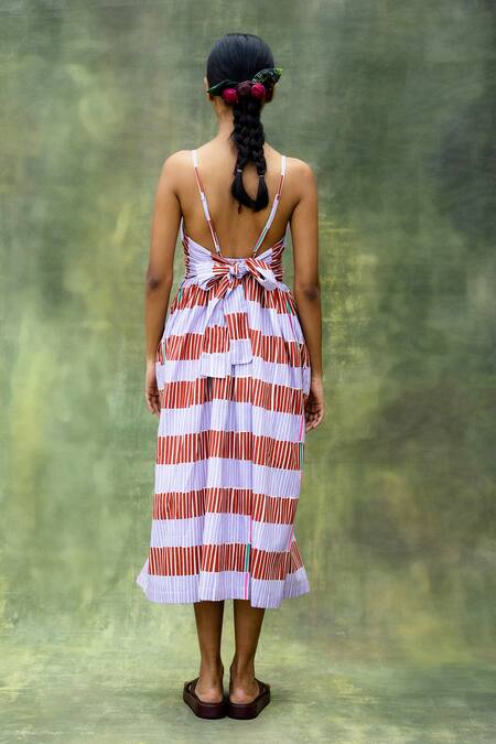 Shop_Doodlage_Purple Cotton Slub Printed Stripes Sweetheart Lavender Sundress _at_Aza_Fashions