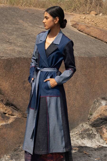 Doodlage_Multi Color Upcycled Denim Block Lapel Collar Trench Coat _Online_at_Aza_Fashions