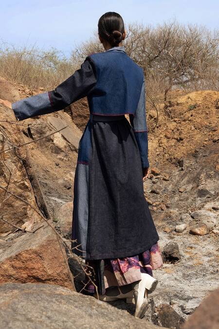 Shop_Doodlage_Multi Color Upcycled Denim Block Lapel Collar Trench Coat _Online_at_Aza_Fashions