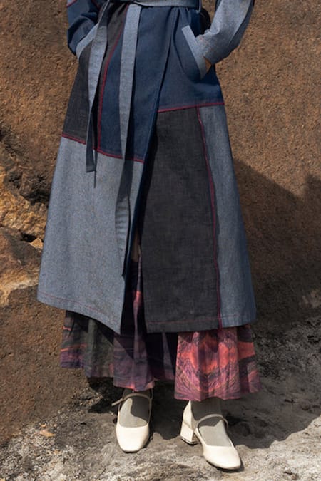 Doodlage_Multi Color Upcycled Denim Block Lapel Collar Trench Coat _at_Aza_Fashions