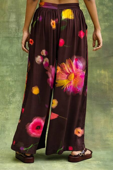 Doodlage_Brown Upcycled Modal Printed Floral Flared Pant _Online_at_Aza_Fashions