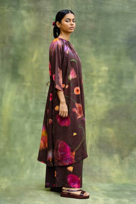 Buy_Doodlage_Brown Upcycled Modal Printed Floral Flared Pant _Online_at_Aza_Fashions