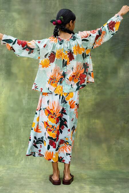 Shop_Doodlage_Multi Color Upcycled Modal Printed Floral Ruffle Neck Top And Skirt Set _at_Aza_Fashions