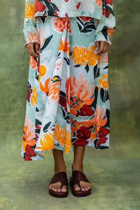 Doodlage_Multi Color Upcycled Modal Printed Floral Ruffle Neck Top And Skirt Set _Online_at_Aza_Fashions