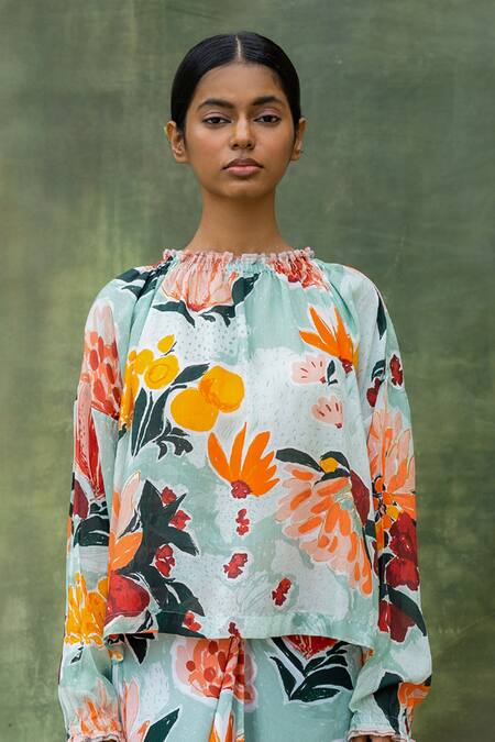 Buy_Doodlage_Multi Color Upcycled Modal Printed Floral Ruffle Neck Top And Skirt Set _Online_at_Aza_Fashions