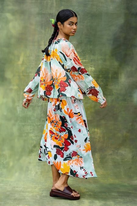 Shop_Doodlage_Multi Color Upcycled Modal Printed Floral Ruffle Neck Top And Skirt Set _Online_at_Aza_Fashions