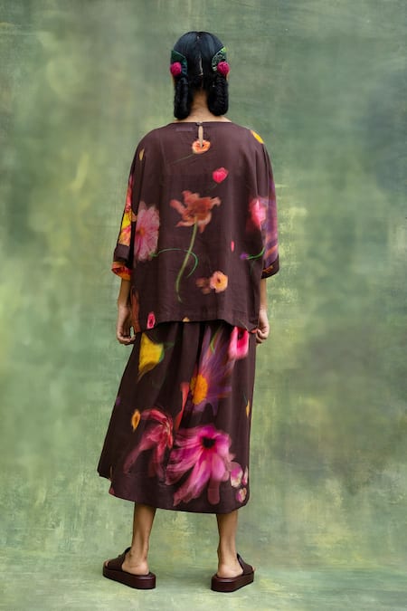 Shop Doodlage Brown Modal Embroidery Round Neck Floral Print Top And Skirt Set at Aza Fashions Shop_Doodlage_Brown Modal Embroidery Round Neck Floral Print Top And Skirt Set _at_Aza_Fashions