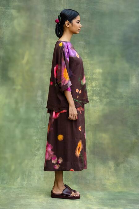 Doodlage Brown Modal Embroidery Round Neck Floral Print Top And Skirt Set Online at Aza Fashions Doodlage_Brown Modal Embroidery Round Neck Floral Print Top And Skirt Set _Online_at_Aza_Fashions