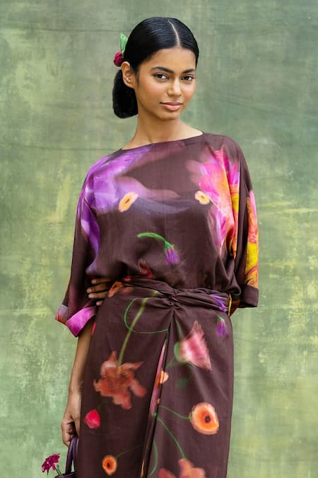 Shop Doodlage Brown Modal Embroidery Round Neck Floral Print Top And Skirt Set Online at Aza Fashions Shop_Doodlage_Brown Modal Embroidery Round Neck Floral Print Top And Skirt Set _Online_at_Aza_Fashions