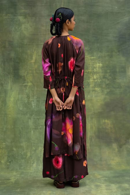 Shop Doodlage Brown Modal Embroidery Round Neck Floral Print Tunic And Flared Pant Set at Aza Fashions Shop_Doodlage_Brown Modal Embroidery Round Neck Floral Print Tunic And Flared Pant Set _at_Aza_Fashions