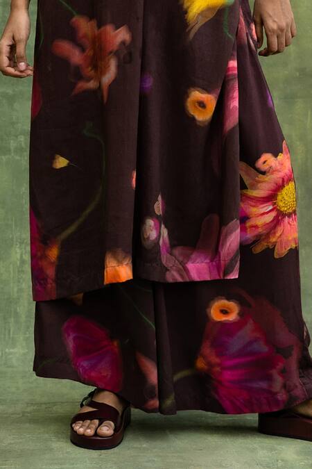 Doodlage Brown Modal Embroidery Round Neck Floral Print Tunic And Flared Pant Set Online at Aza Fashions Doodlage_Brown Modal Embroidery Round Neck Floral Print Tunic And Flared Pant Set _Online_at_Aza_Fashions