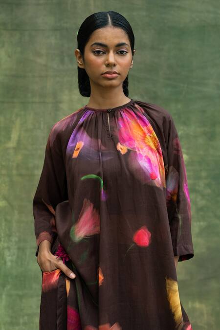 Shop Doodlage Brown Modal Embroidery Round Neck Floral Print Tunic And Flared Pant Set Online at Aza Fashions Shop_Doodlage_Brown Modal Embroidery Round Neck Floral Print Tunic And Flared Pant Set _Online_at_Aza_Fashions