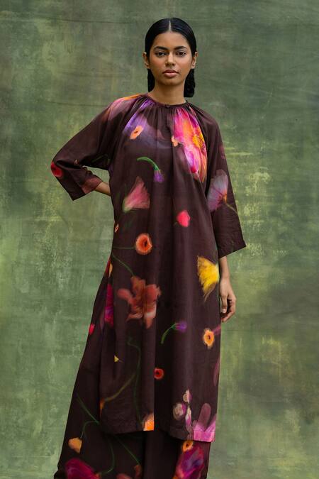 Doodlage Brown Modal Embroidery Round Neck Floral Print Tunic And Flared Pant Set at Aza Fashions Doodlage_Brown Modal Embroidery Round Neck Floral Print Tunic And Flared Pant Set _at_Aza_Fashions