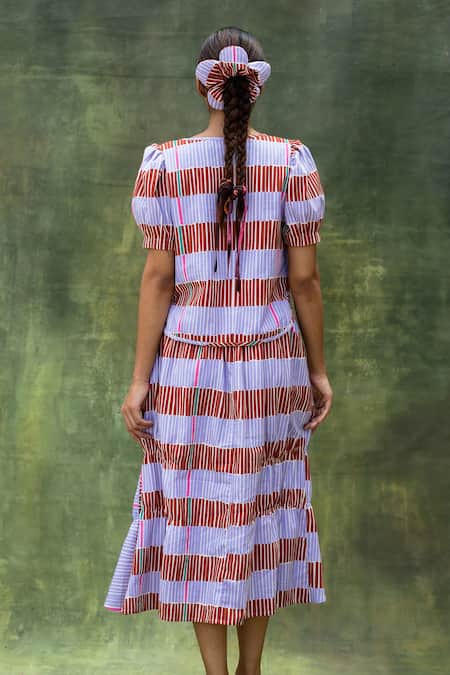 Shop Doodlage Purple Cotton Slub Printed Stripe V-neck Top And Skirt Set at Aza Fashions Shop_Doodlage_Purple Cotton Slub Printed Stripe V-neck Top And Skirt Set _at_Aza_Fashions