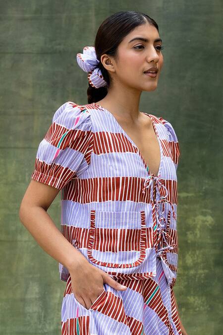Buy Doodlage Purple Cotton Slub Printed Stripe V-neck Top And Skirt Set Online at Aza Fashions Buy_Doodlage_Purple Cotton Slub Printed Stripe V-neck Top And Skirt Set _Online_at_Aza_Fashions