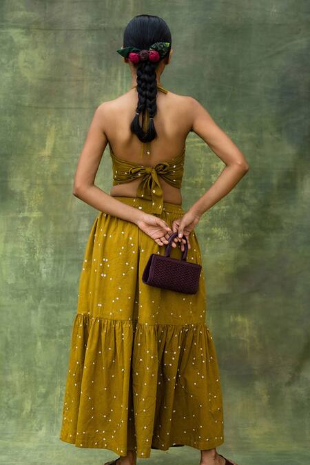 Shop_Doodlage_Green Upcycled Cotton Tie-dye Bandhini Halter Neck Top And Skirt Set_at_Aza_Fashions